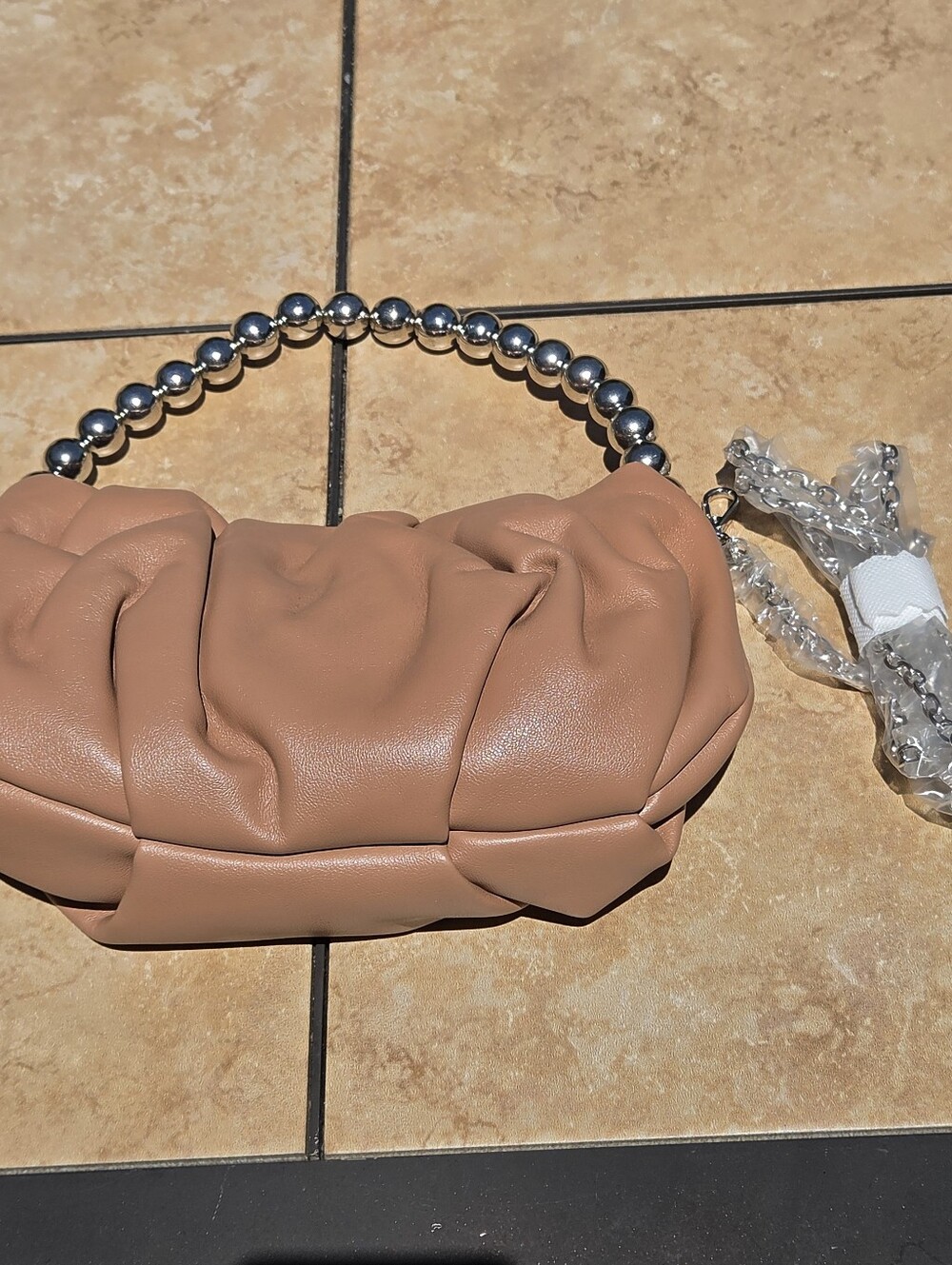 Francesca's Collections Blush-Tan Pleated Shoulder Bag with Silver Bead Chain